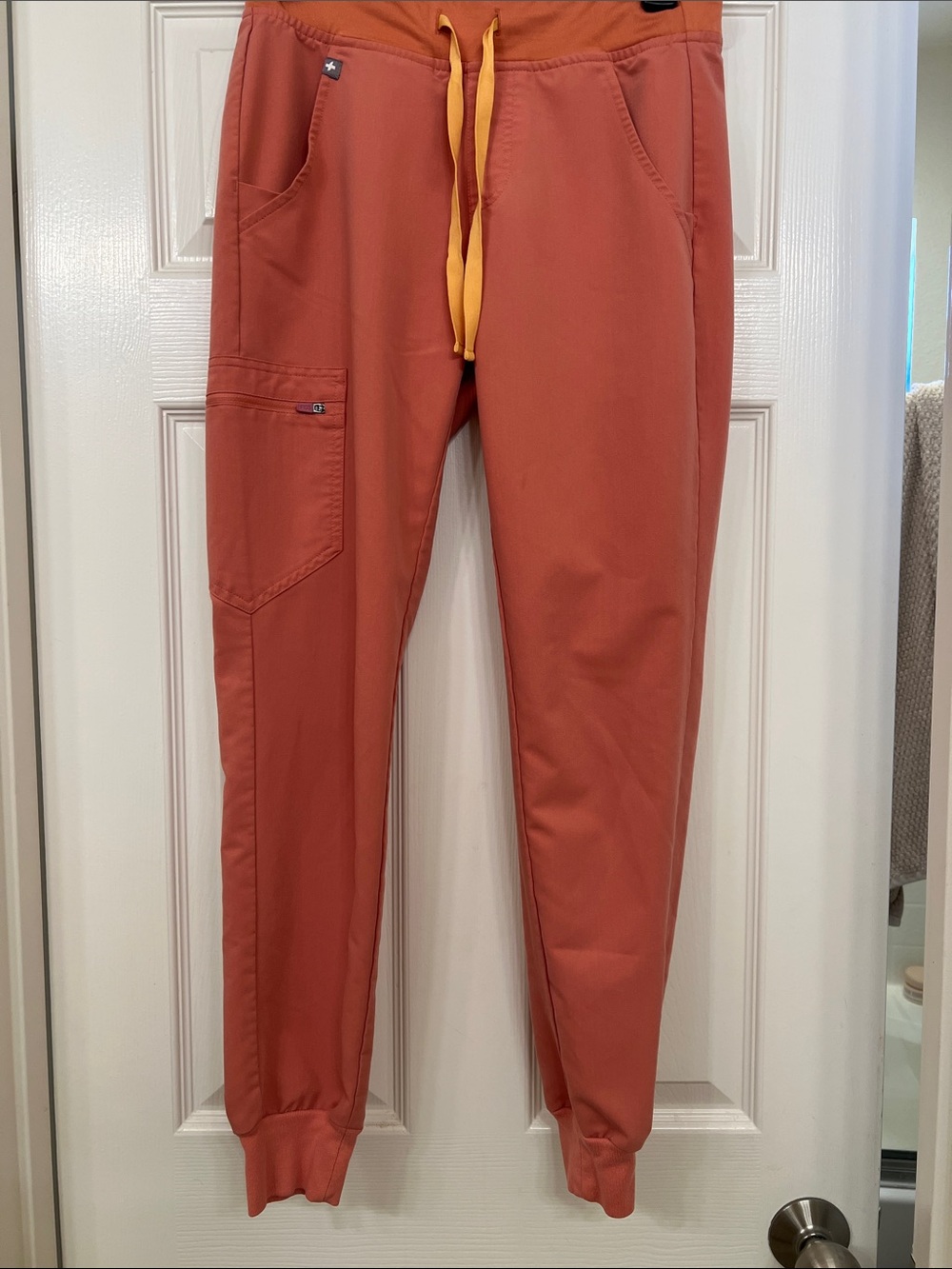 Figs Women's Ankle Cargo Jogger in Rust with Yellow Drawstring